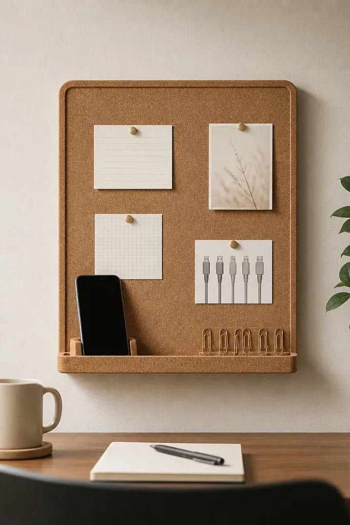 A cork board mounted behind a small desk. Pins hold a few neat note cards and a small printed cable guide. A slim cork tray ledge holds a phone stand and a paperclip strip, all within a 2-foot width.