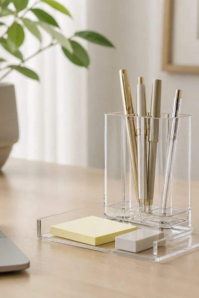 A transparent acrylic pen tower next to a laptop. Under it, a shallow matching tray holds spare sticky notes and a small eraser, and the tray edges disappear against the desk color.