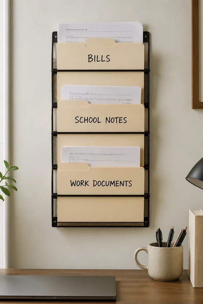 A narrow wall-mounted rack with three horizontal rails. Hanging file folders labeled with thick black marker hold bills, school notes, and work documents. The rack sits above the desk height so papers don't stack on the tabletop.