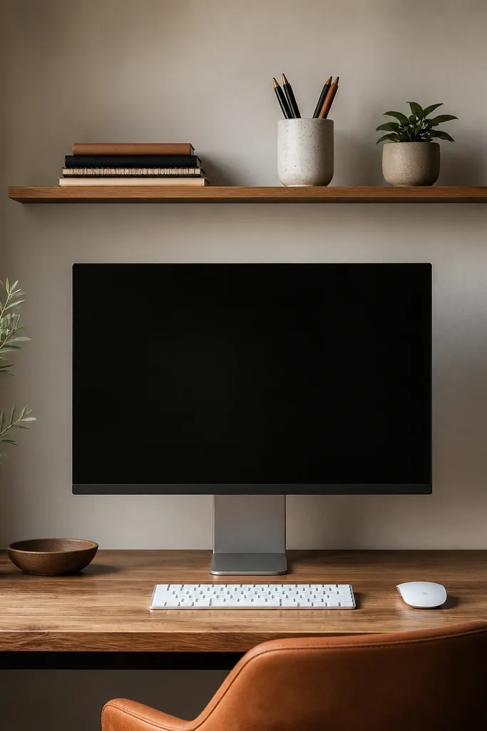 A slim floating shelf above a desk holds a small stack of notebooks, a ceramic cup for pens, and a tiny plant. Everything stays off the desk surface and the shelf lines up with the monitor.