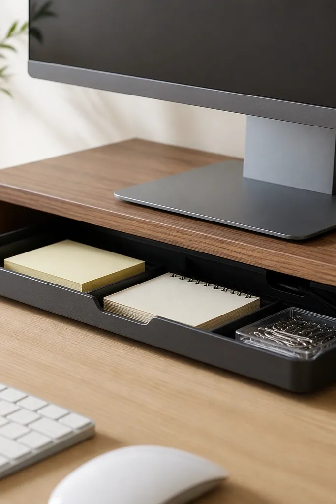 A low-profile tray mounted under a monitor stand. Sticky notes, a small notepad, and a pack of paperclips sit neatly inside, with a cable channel running behind.