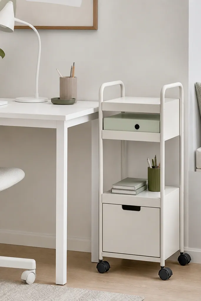 A narrow rolling cart beside the desk. The top shelf holds a binder, and the bottom drawer is labeled for homework. The cart wheels are dark and the cart has a clean, minimal look.