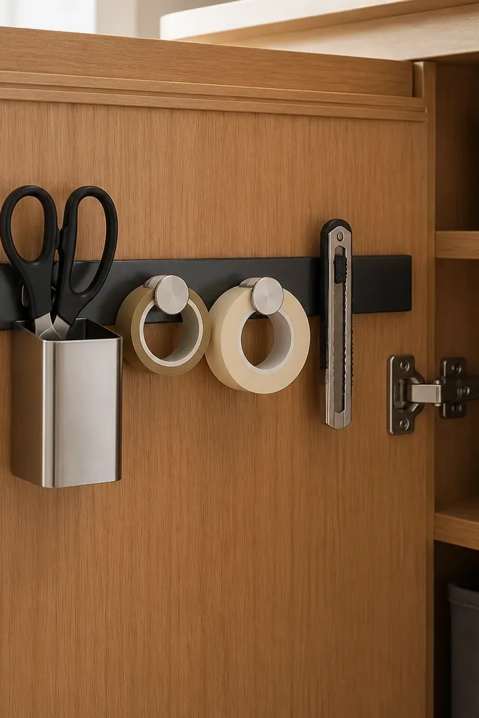 A magnetic strip mounted on the inside of a desk cabinet or the side panel. Scissors sit in a metal holder, tape rolls hang with small magnets, and a box cutter is secured to the strip.