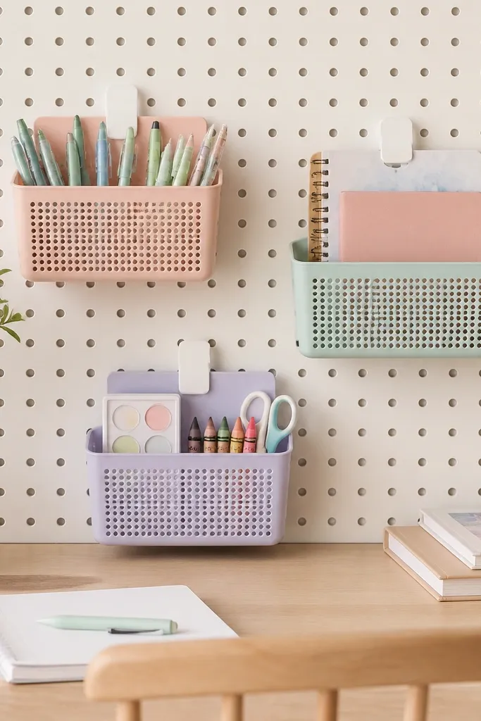 A pegboard wall behind a desk with small baskets clipped to it. One basket holds pens, another holds notebooks, and a third holds kid art supplies. The baskets are pastel with white clips.