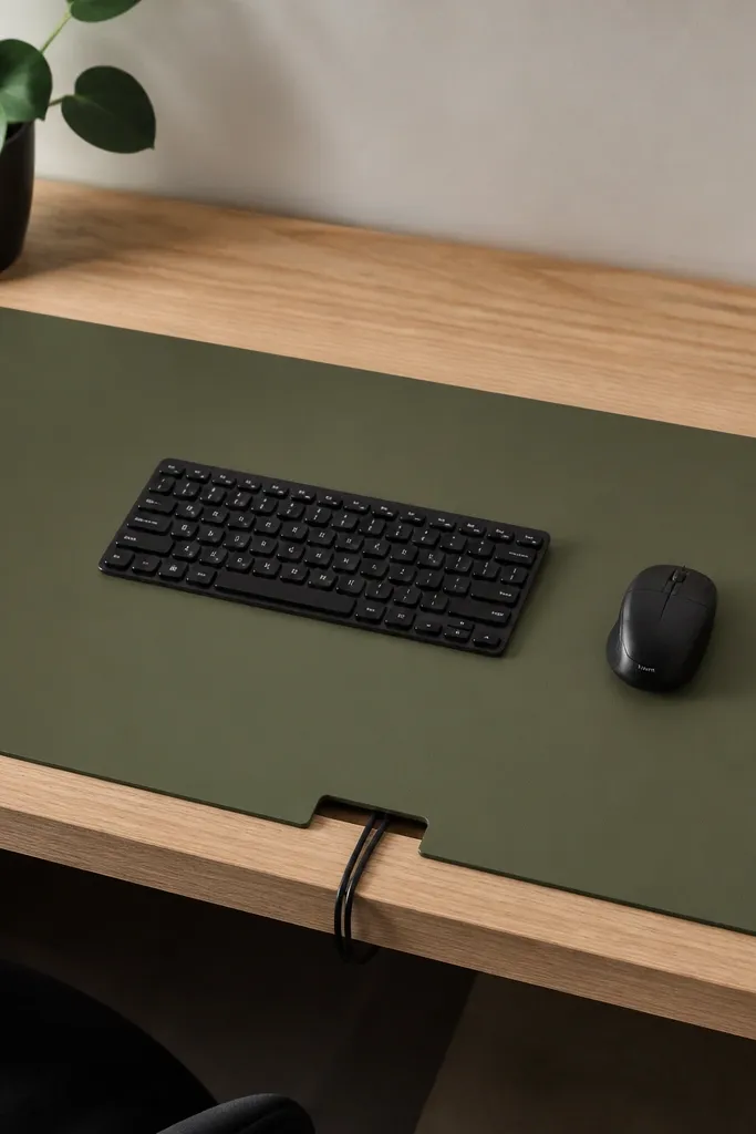 A large desk mat in olive green with a neat rectangular cable channel cut into the lower edge. Cords pass through the channel and disappear under the desk, while the rest of the mat stays smooth.