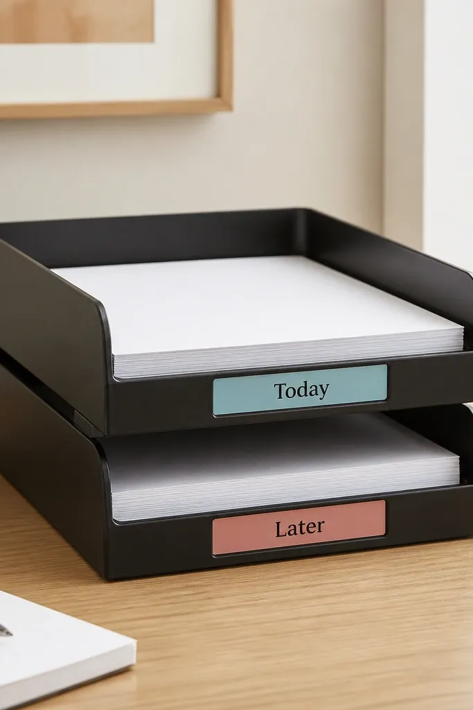Two stackable letter trays on the desk. Each tray has a different color label strip on the front: one says "Today," the other says "Later." Paper sits neatly in each tray without sliding.