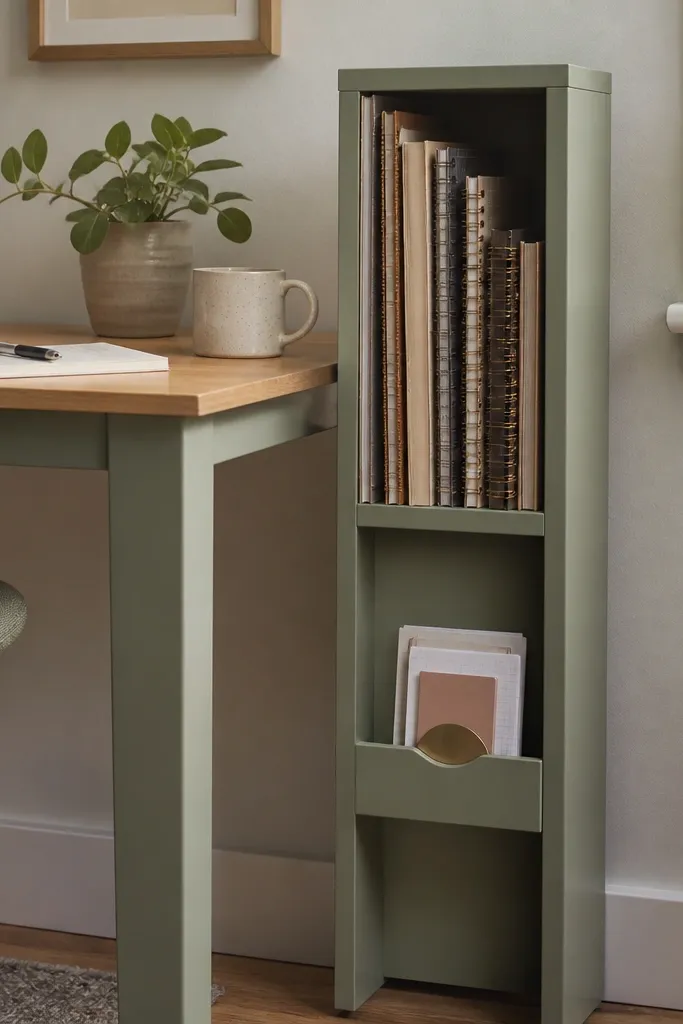 A narrow vertical shelf holding notebooks upright like files. A small ledge holds reference cards in a holder, and the shelf is painted the same color as the desk legs.