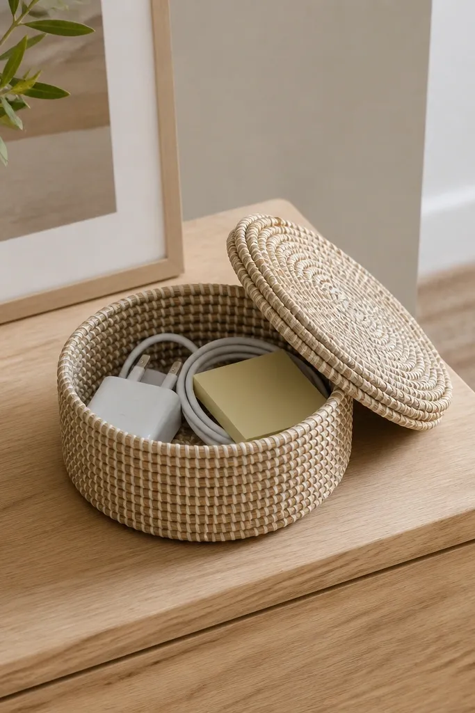 A woven basket with a fitted lid sits on the desk corner. Inside are small items like a phone charger, a USB cable, and a pack of sticky notes. The basket matches a nearby rug tone.