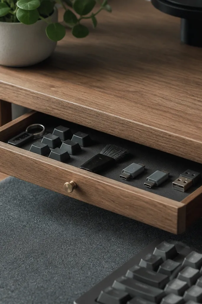 A small pull-out drawer attached under a fixed desk shelf. It holds keyboard accessories, a small cleaning brush, and extra USB adapters. The pull handle is minimal and matches the desk hardware.