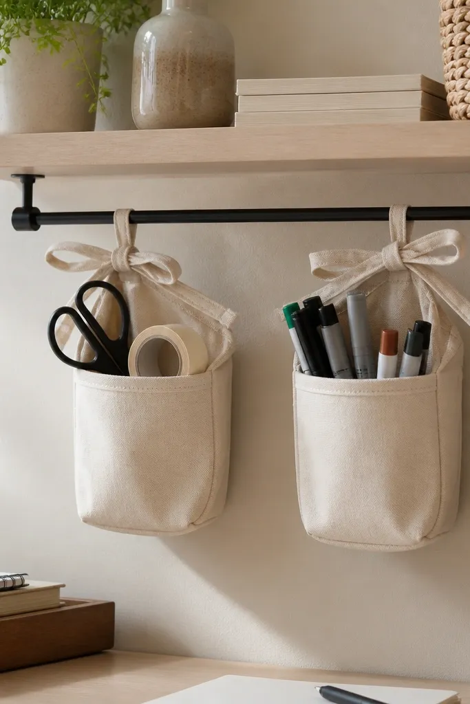 A curtain rod mounted under a floating shelf with two small hanging pouches. One pouch holds scissors and tape, the other holds markers. The pouches are neutral canvas with ties.