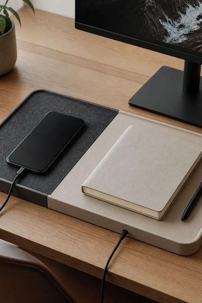 A large two-tone desk tray placed in the active zone. One side is a darker textured section where the phone sits, and the other is a lighter smooth section for a notebook. Cables run off the tray edge.
