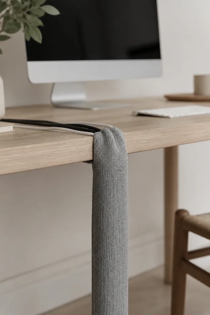 A soft fabric cable sleeve wrapped around cords at the desk edge. The sleeve is a muted gray knit, and it hangs down neatly to the underside. The desk surface stays clean and the sleeve looks like part of the decor.