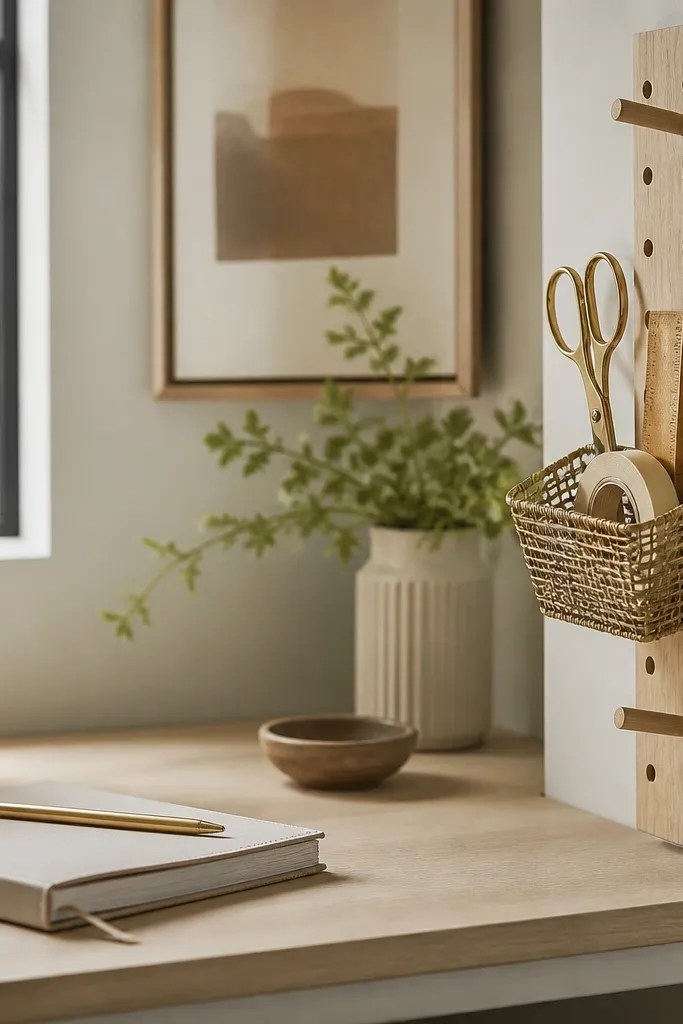 A corner of the desk has a small peg rail mounted vertically with a hanging basket. Scissors, a ruler, and a tape roll are clipped inside, and the basket is a small woven or metal tray.