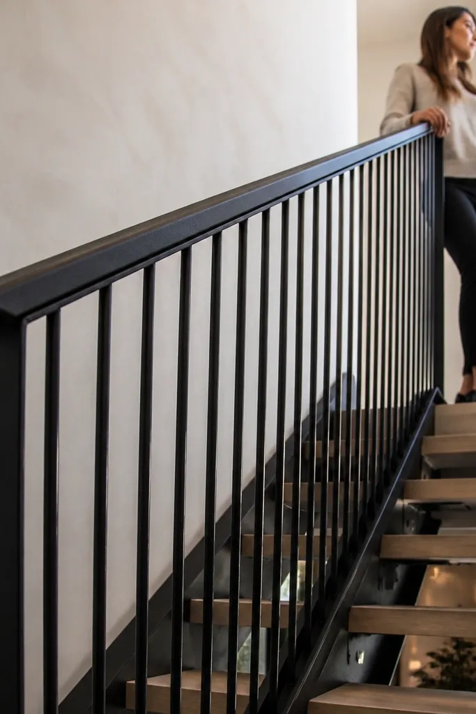 Matte black handrail with slim vertical metal bars on indoor stairs