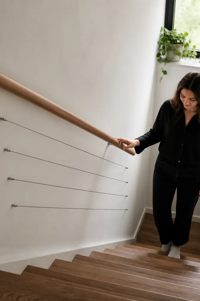 Warm wood handrail with cables anchored to the wall beside indoor stairs