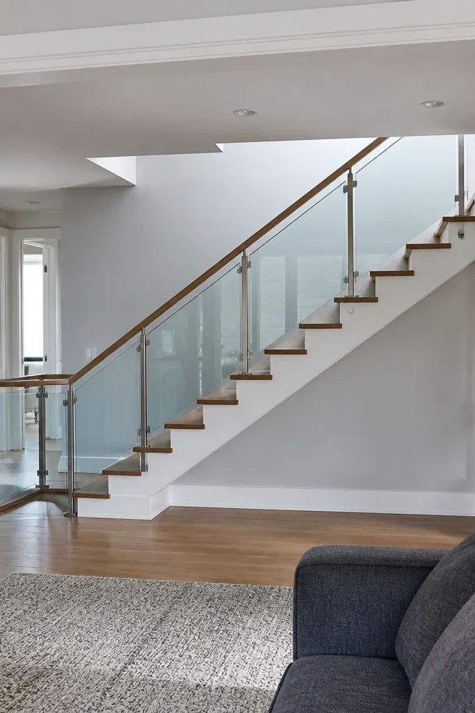 Clear glass stair railing with slim metal posts and a simple handrail