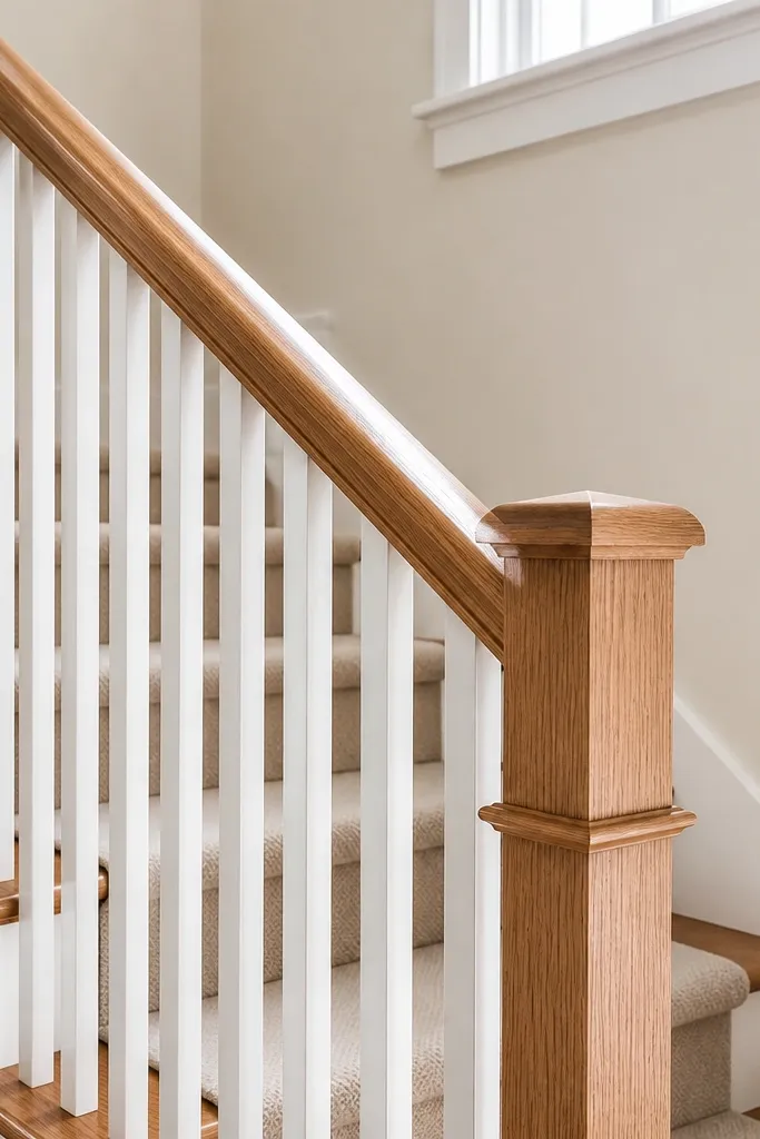 Cedar handrail with white-painted vertical pickets on indoor stairs