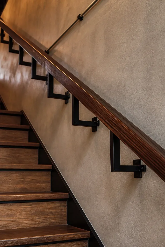Stained wood handrail with black metal angle brackets on indoor stairs