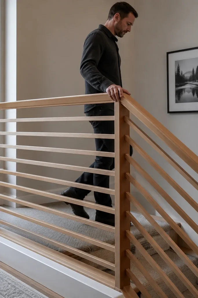 Natural oak top rail with horizontal slats on indoor stairs