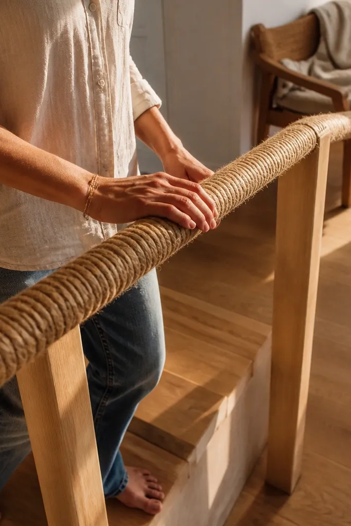 Handrail wrapped with rope and supported by minimal posts on indoor stairs