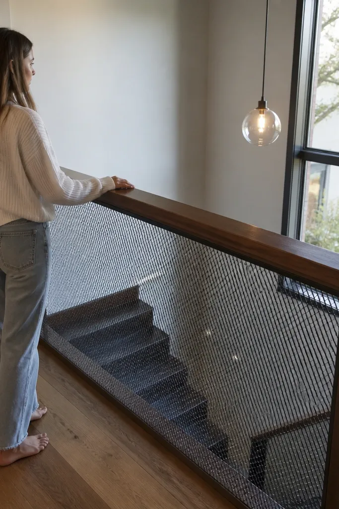 Walnut handrail with black mesh panel infill on indoor stairs