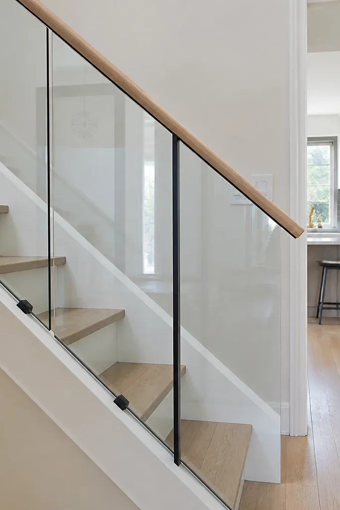 Clear acrylic panels with tiny posts and a simple handrail on indoor stairs