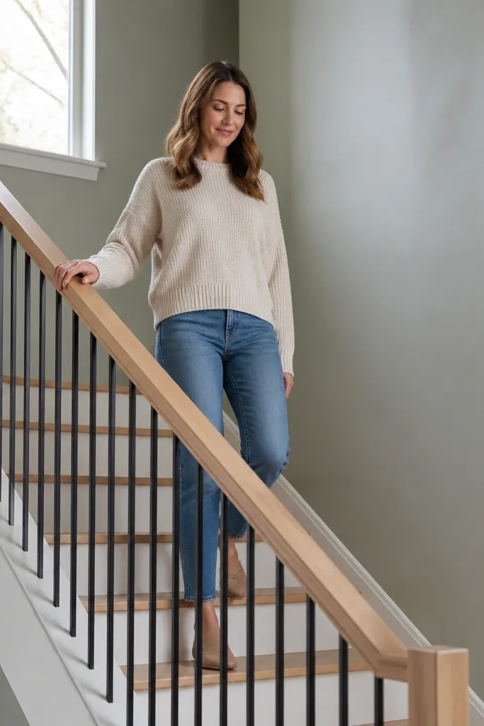Light oak handrail with matte black vertical balusters on indoor stairs
