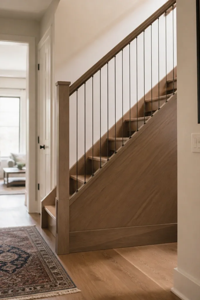 Wood stair railing with a low front privacy panel and open upper section