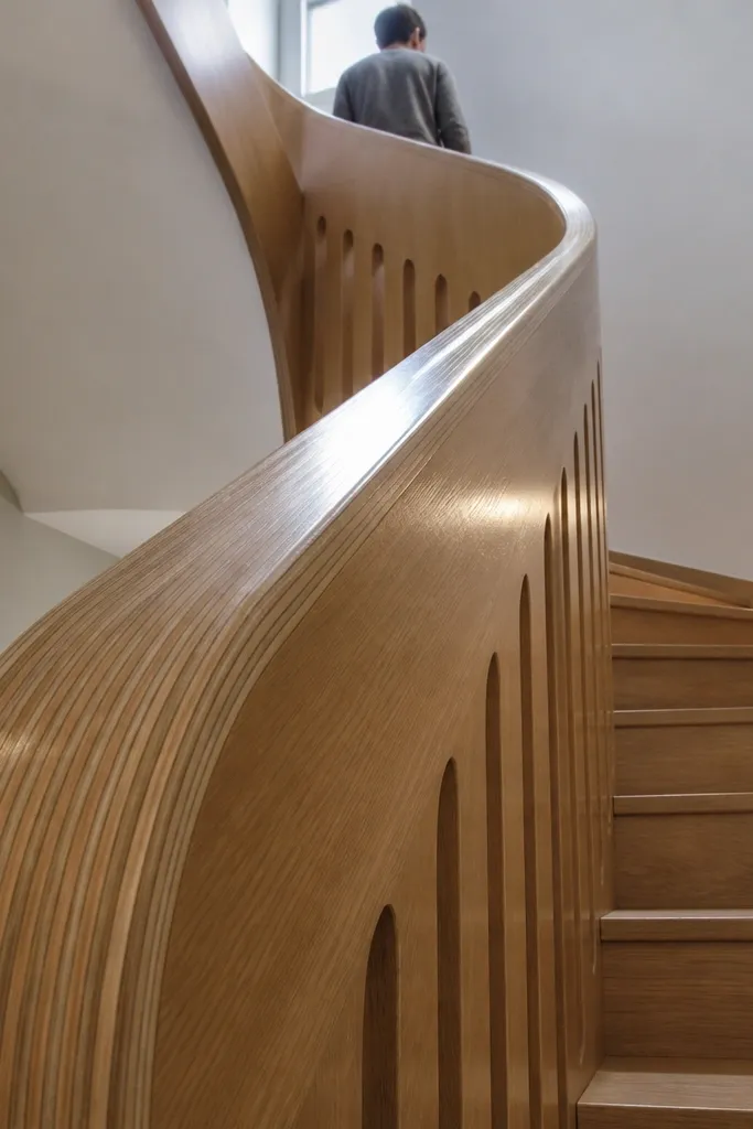 Bent plywood handrail with vertical slit openings on indoor stairs