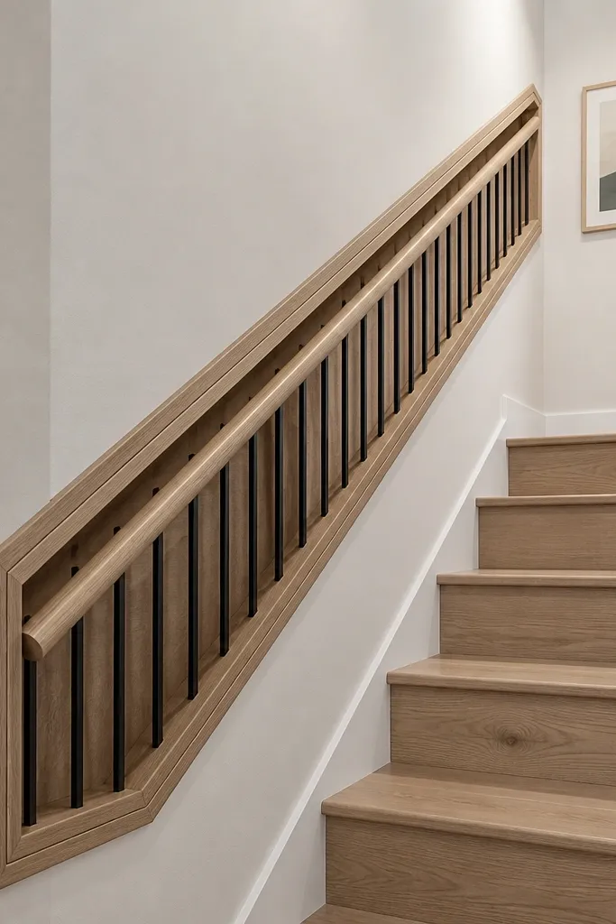 Recessed stair railing with flush wood trim frame and clean lines