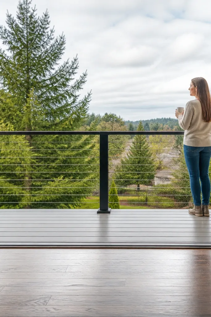 Balcony railing with three evenly spaced posts and clear open space between them