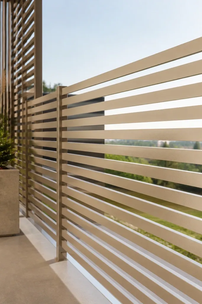 Wood slat railing with horizontal lines across metal supports