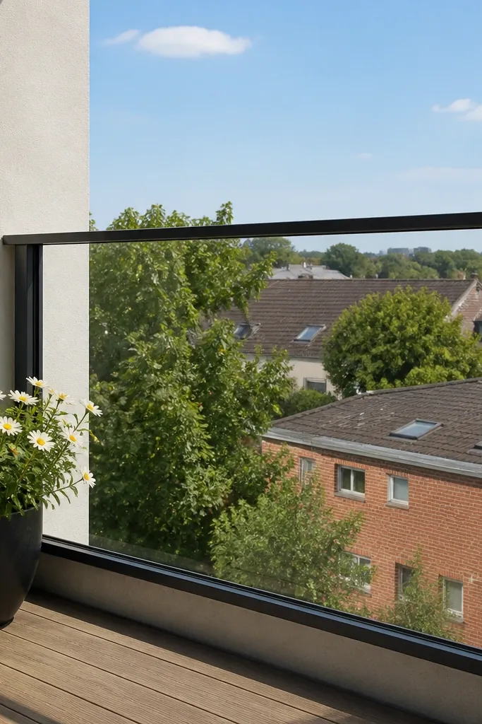 Balcony railing with a clear glass panel framed in slim metal