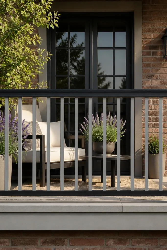 Black top rail and light gray infill panels on a balcony