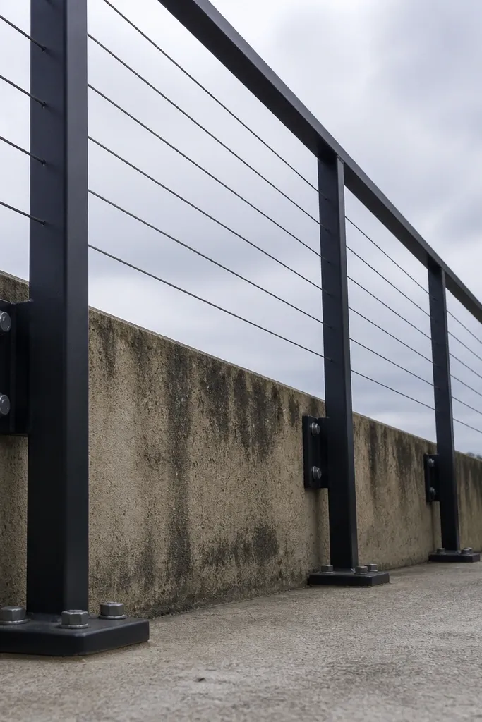 Metal base plates at balcony floor with bolts securing posts
