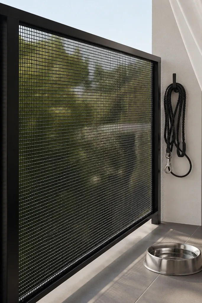 Black mesh panel infill attached to a metal railing frame