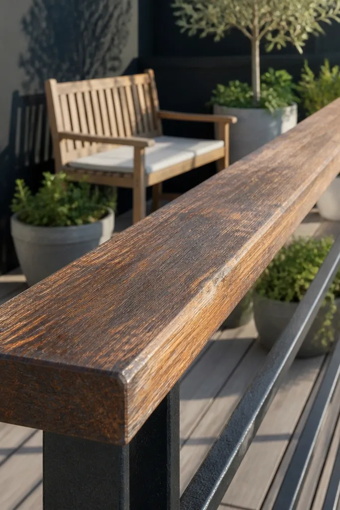 Metal posts with a smooth wood top rail and matching finish details