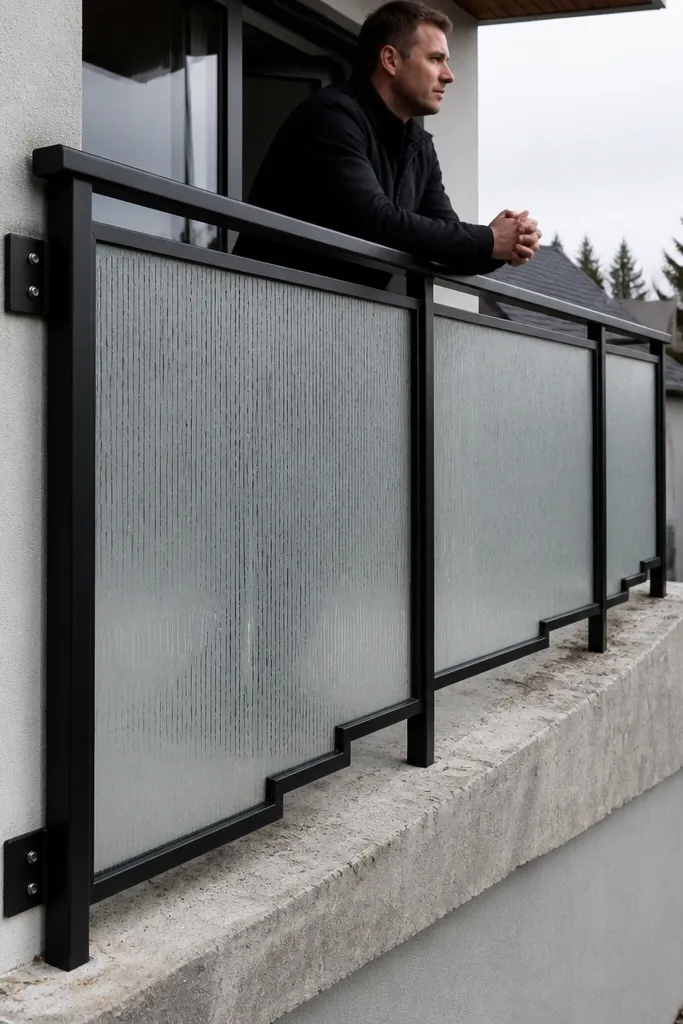 Railing infill panels with slight step adjustments to fit an uneven balcony floor