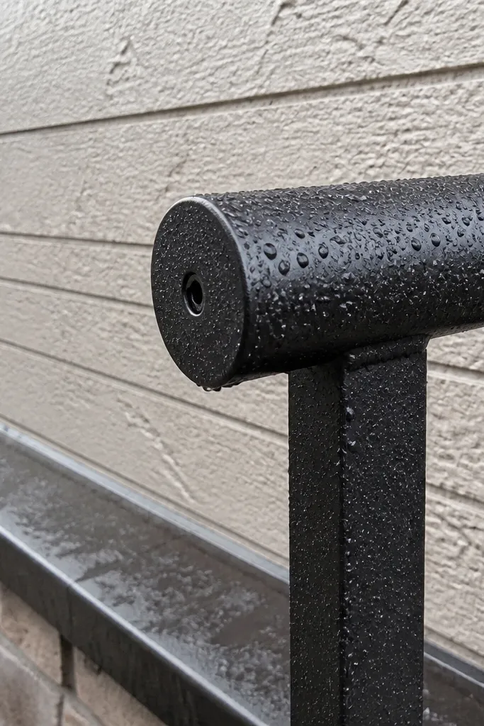 Close view of steel railing ends with fresh paint on cut metal