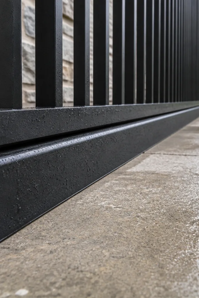 Railing base with trim pieces that cover small gaps and seal the mounting area