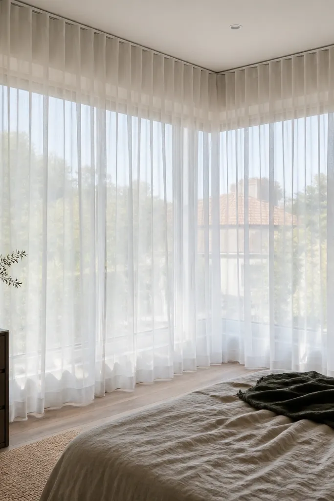 White sheer curtains on a bay window with a single ceiling rod