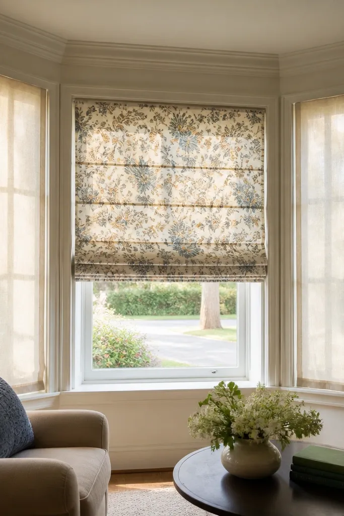 Pattern roman shade with solid curtains on bay window sides