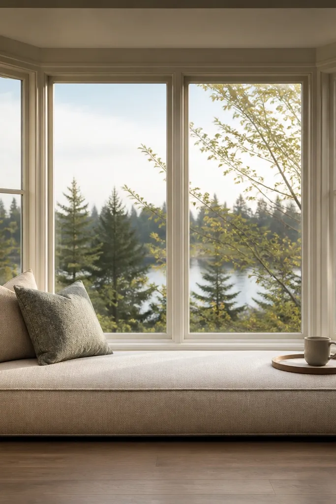 Small bench along bay window with light slipcovered cushion