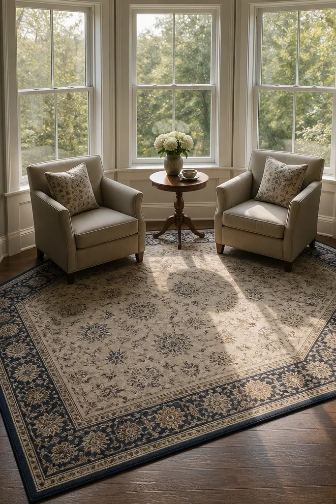 Small rug aligned to bay angles with a subtle border