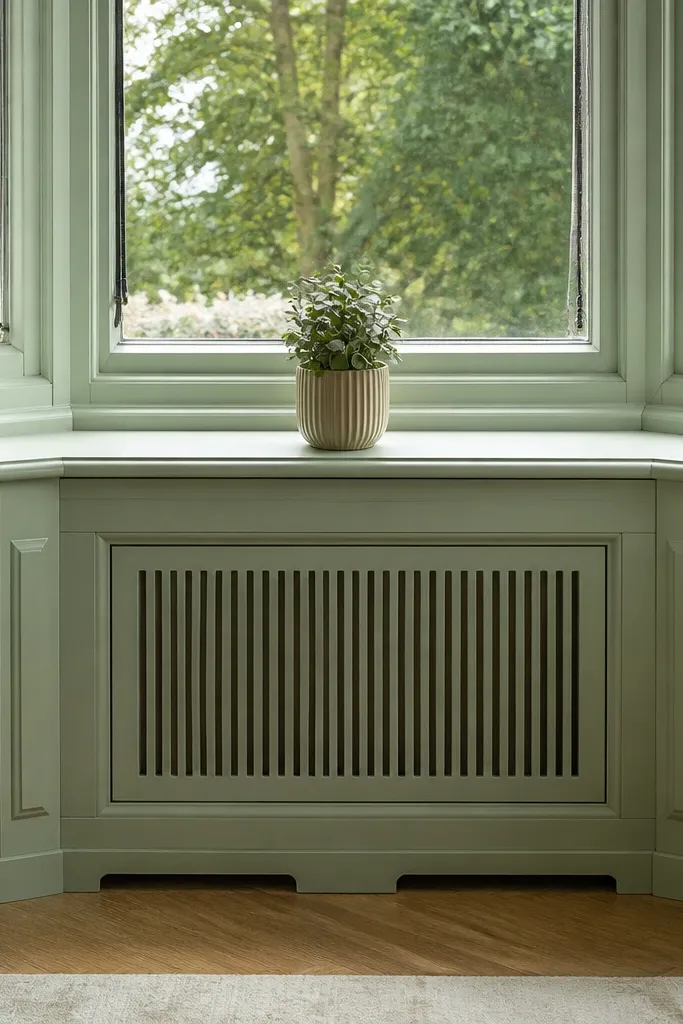 Painted radiator cover under bay window in matching color