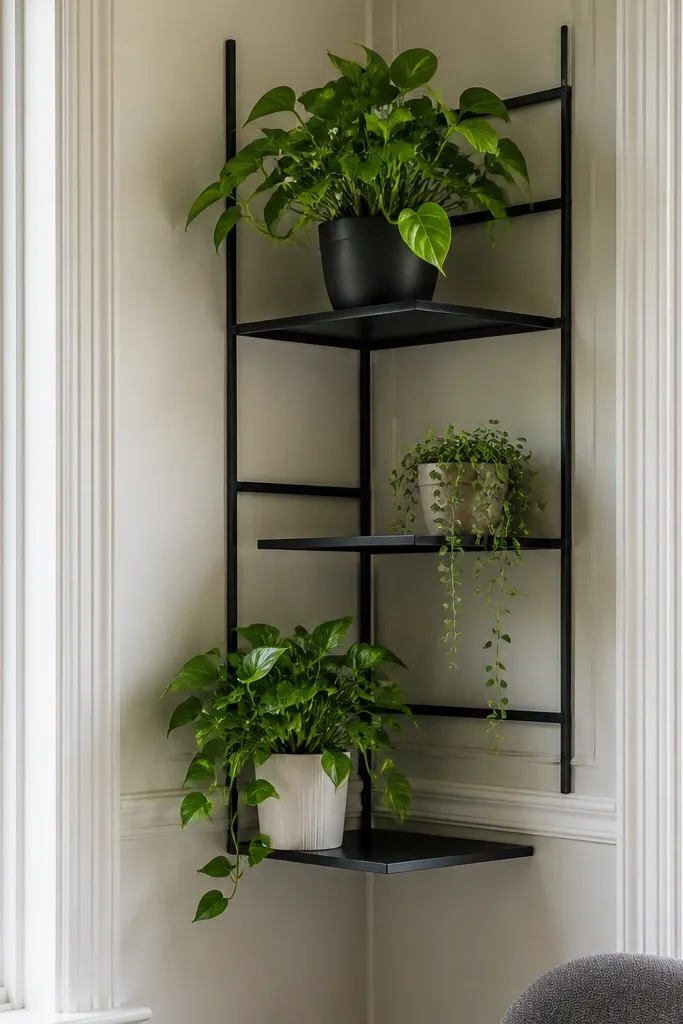 Staggered floating shelves along bay with small potted plants