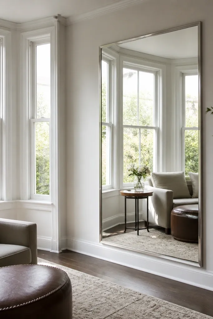 Tall mirror on bay angled wall reflecting window light