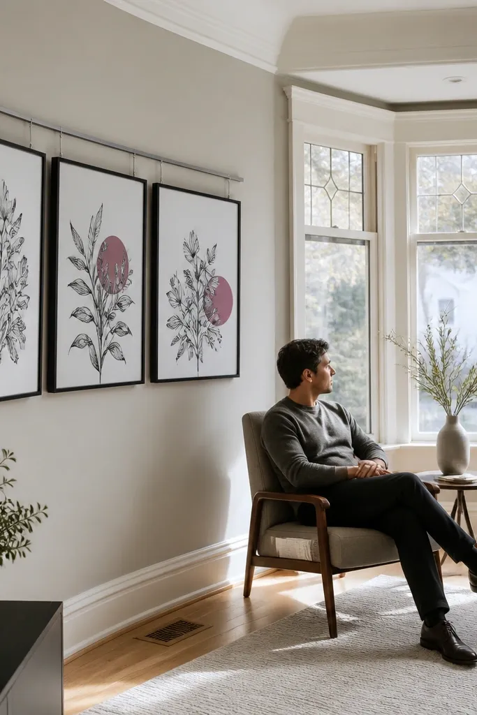Picture rail above bay window with evenly spaced frames