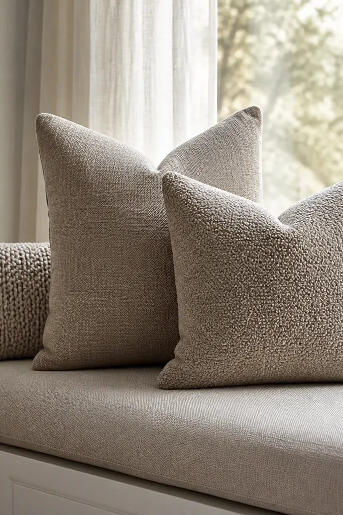 Textured pillows in neutral tones on a bay window seat