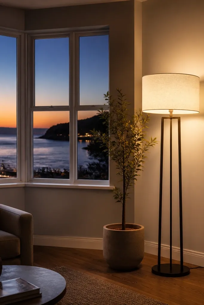 Slim floor lamp in bay corner with warm light shade